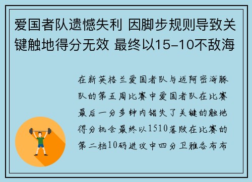 爱国者队遗憾失利 因脚步规则导致关键触地得分无效 最终以15-10不敌海豚队